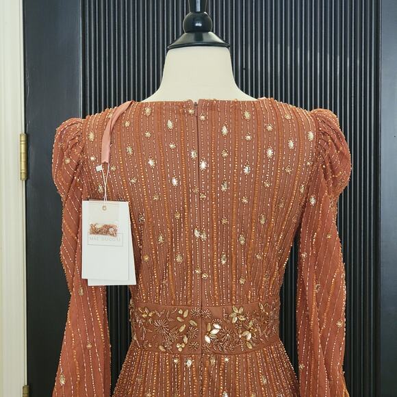 Mac Duggal 5593 Cognac Orange 2 Embellished V Long Sleeve Evening Midi Dress - Picture 12 of 14